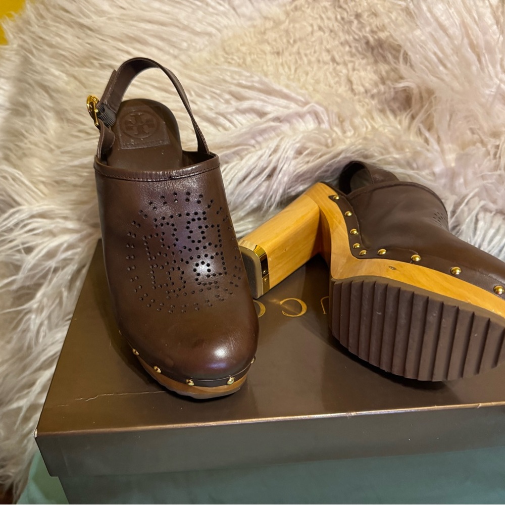 Tory Burch Dark Brown Leather Mules with Wooden Heel